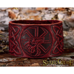   Leather Bracelet Cuff Wristband Kolovrat Symbol Slavic Sun Weel Celtic Knotwork Talisman Amulet Carving Leather